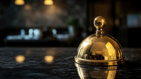 Close-up of a gold-toned service bell on a dark, polished surface, representing luxury service.の素材