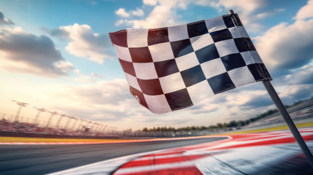 Checkered flag fluttering with a racetrack in the background, symbolizing the speed of competition.の素材