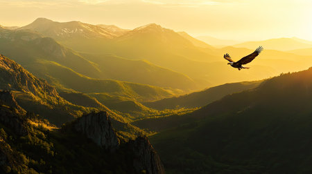 Bald eagle gliding over green mountains at sunset, with the sun casting a warm glow on the peaks and valleys belowの素材