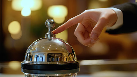 Close-up of a hand reaching to press a shiny service bell, capturing the anticipation of service.の素材