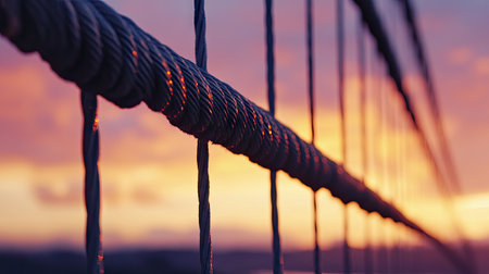 Close-up of bridge cables set against a soft dawn sky, symbolizing the start of a journey.の素材