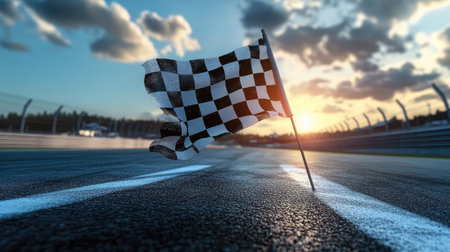 Checkered flag fluttering with a racetrack in the background, symbolizing the speed of competition.の素材