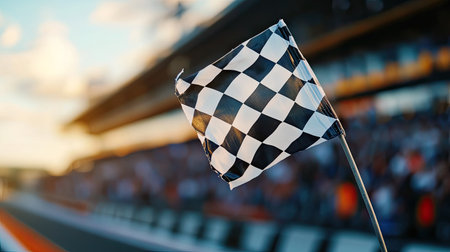 Checkered flag in focus against a blurred grandstand filled with cheering fans, celebrating the race's end.の素材