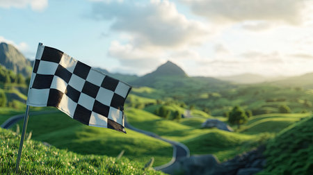 Close-up of a checkered flag against a green landscape, symbolizing outdoor race events.の素材