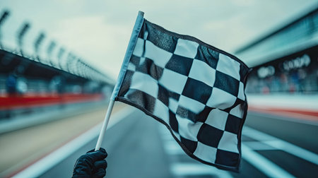 Close-up of a checkered flag held by a race official, with racetrack lines visible in the background.の素材