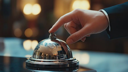 Close-up of a hand reaching to press a shiny service bell, capturing the anticipation of service.の素材