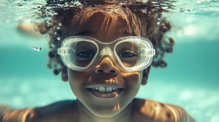 Child learning to swim underwater, with goggles and a wide smile, enjoying the sense of freedom in the poolの素材