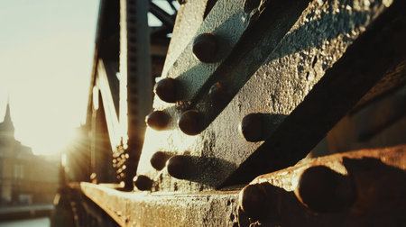 Close-up of bridge beams and rivets against a sunny sky, highlighting the bridge's intricate metalwork.の素材