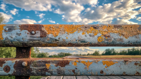 Close-up of a weathered wooden bridge railing with a bright sky background, evoking nostalgia and travel.の素材