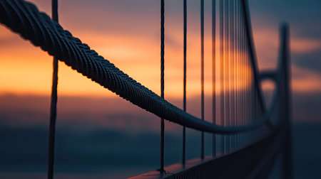 Close-up of bridge cables set against a soft dawn sky, symbolizing the start of a journey.の素材
