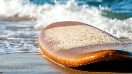 Close-up of a surfboard on the beach with sand sprinkled over it and waves crashing in the backgroundの素材
