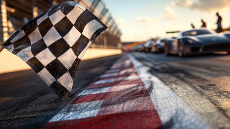 Checkered flag waving beside a line of race cars, showcasing the final lap and excitement.の素材