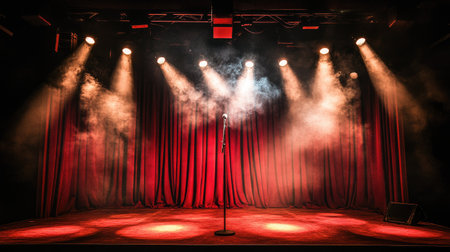 Classic stage setup with a red curtain, single microphone on a stand, and spotlights casting a dramatic glow on the sceneの素材