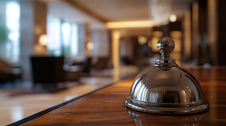 Close-up of a polished service bell on a wooden counter, ready to be rung, with a blurred hotel lobby in the background.の素材