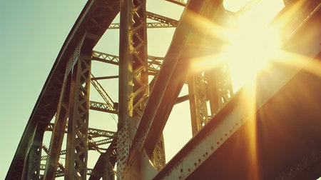 Close-up of bridge beams and rivets against a sunny sky, highlighting the bridge's intricate metalwork.の素材