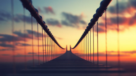 Close-up of bridge cables set against a soft dawn sky, symbolizing the start of a journey.の素材