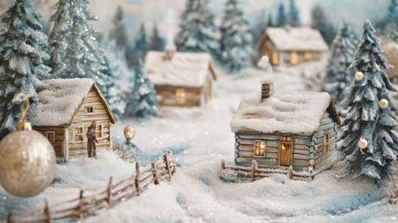 Close-up of Christmas ornaments with delicate snow scenes, featuring rustic wooden cabins and frosted trees.の素材