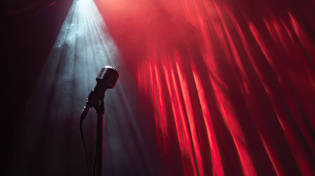 Close-up of microphone and red curtain, with spotlight beams casting light and shadows across the stageの素材