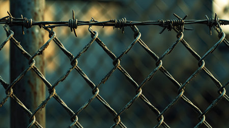 Close-up of grid fence with barbed wire on top, creating a powerful image of security and restriction.の素材