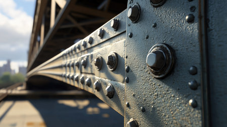 Close-up of bridge beams and rivets against a sunny sky, highlighting the bridge's intricate metalwork.の素材