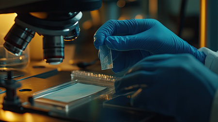 Close-up of hands in blue gloves holding a microscope slide, focusing on attention to detail in science.の素材
