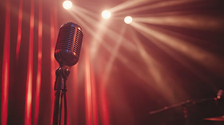 Close-up of microphone and red curtain, with spotlight beams casting light and shadows across the stageの素材