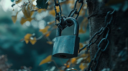 Close-up of padlock and chains with nature in the background, contrasting human security with natural freedom.の素材