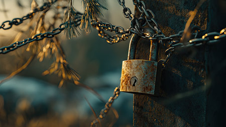 Close-up of padlock and chains with nature in the background, contrasting human security with natural freedom.の素材