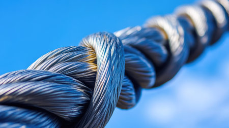 Close-up of steel cables of a suspension bridge with a bright blue sky in the background, emphasizing strength and engineering.の素材