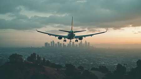 Commercial airplane flying overhead with a city skyline visible in the distance. Urban setting and modern vibeの素材