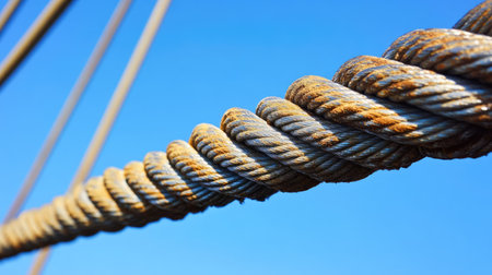 Close-up of steel cables of a suspension bridge with a bright blue sky in the background, emphasizing strength and engineering.の素材