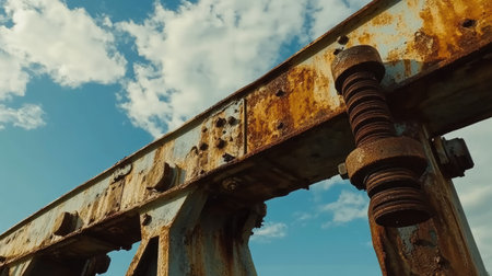 Detailed view of rusty bridge bolts and beams with clouds in the background, showing age and resilience.の素材