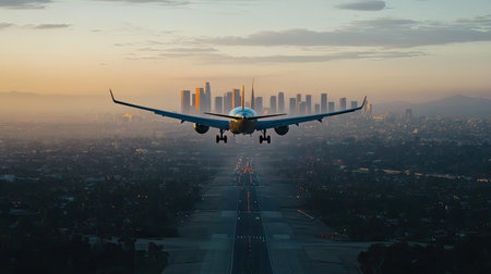 Commercial airplane flying overhead with a city skyline visible in the distance. Urban setting and modern vibeの素材