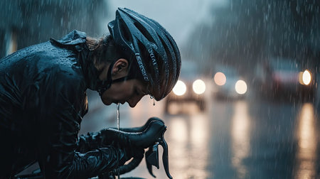 Cyclist standing beside a bike in heavy rain, head tilted down with water dripping from their helmetの素材