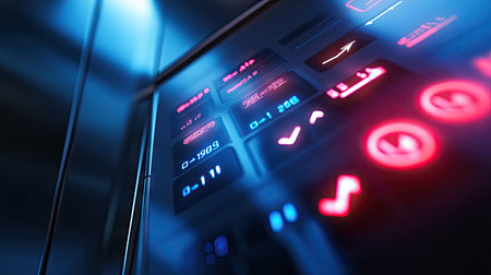 Detailed view of an LCD display on an elevator panel, showing floor numbers and directional arrows in bright lightsの素材