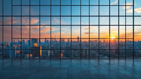 Grid fence framing an urban landscape, representing city boundaries and restricted areas.の素材