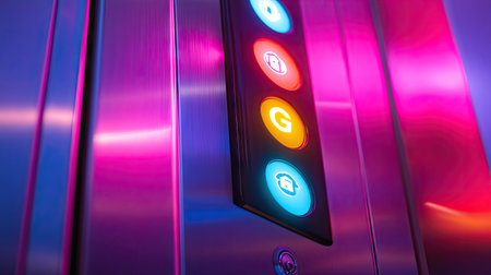 Elevator button panel with digital display showing G for ground floor, illuminated in vibrant colorsの素材