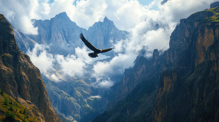 Eagle flying above a valley surrounded by towering mountains, clouds drifting through the rugged terrainの素材