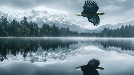Eagle gliding effortlessly above a mountain lake, its reflection visible in the water below. Peaceful and serene vibeの素材