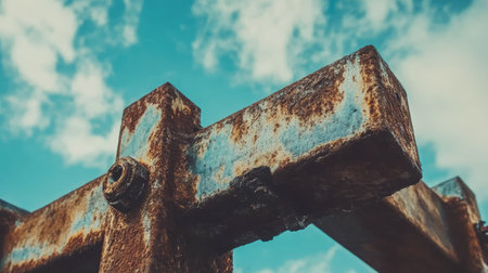 Detailed view of rusty bridge bolts and beams with clouds in the background, showing age and resilience.の素材