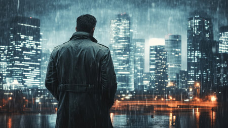 Man in a trench coat standing in heavy rain with a city skyline in the background, capturing a moody urban sceneの素材