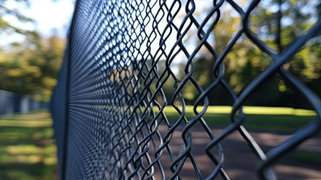 Low-angle shot of a tall metal grid fence, emphasizing power, control, and inaccessibility.の素材