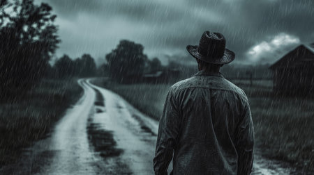 Man with a hat standing in the middle of a country road during a downpour, embracing the quiet and solitudeの素材