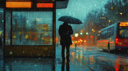 Man standing at a bus stop in pouring rain without an umbrella, drenched as raindrops splash on the groundの素材