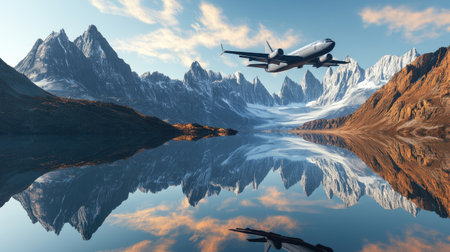 Jet flying above a mountain lake, capturing reflections of both plane and mountains in the water belowの素材