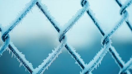 Grid fence with frost on it in a winter landscape, showing cold resilience in harsh conditions.の素材