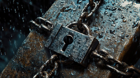 Heavy-duty padlock and chains with water droplets, evoking resilience and protection in harsh conditions.の素材
