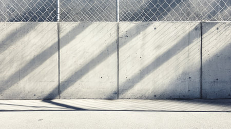 Grid fence with shadows on concrete, creating geometric shapes and a modern aesthetic.の素材