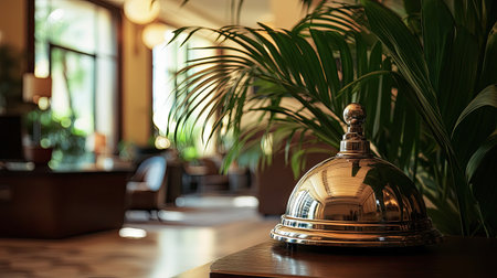 Hotel lobby service bell with decorative plants around it, creating a relaxing and inviting atmosphere.の素材