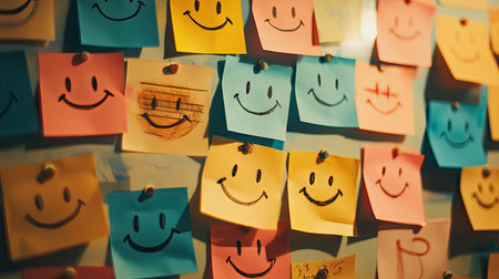 Group of sticky notes with different smiley faces drawn on them, scattered across a bulletin boardの素材